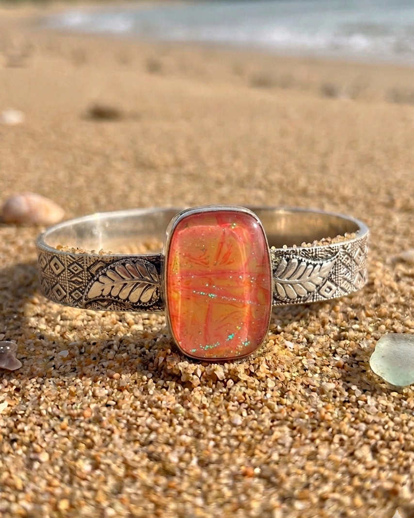 Australian Coral Triplet Opal Engraved Adjustable Bangle– 925 Silver