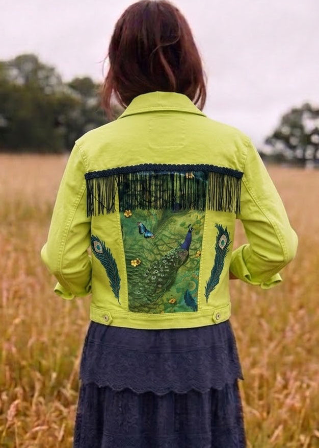 Customised Denim Jacket – Peacock  size 12