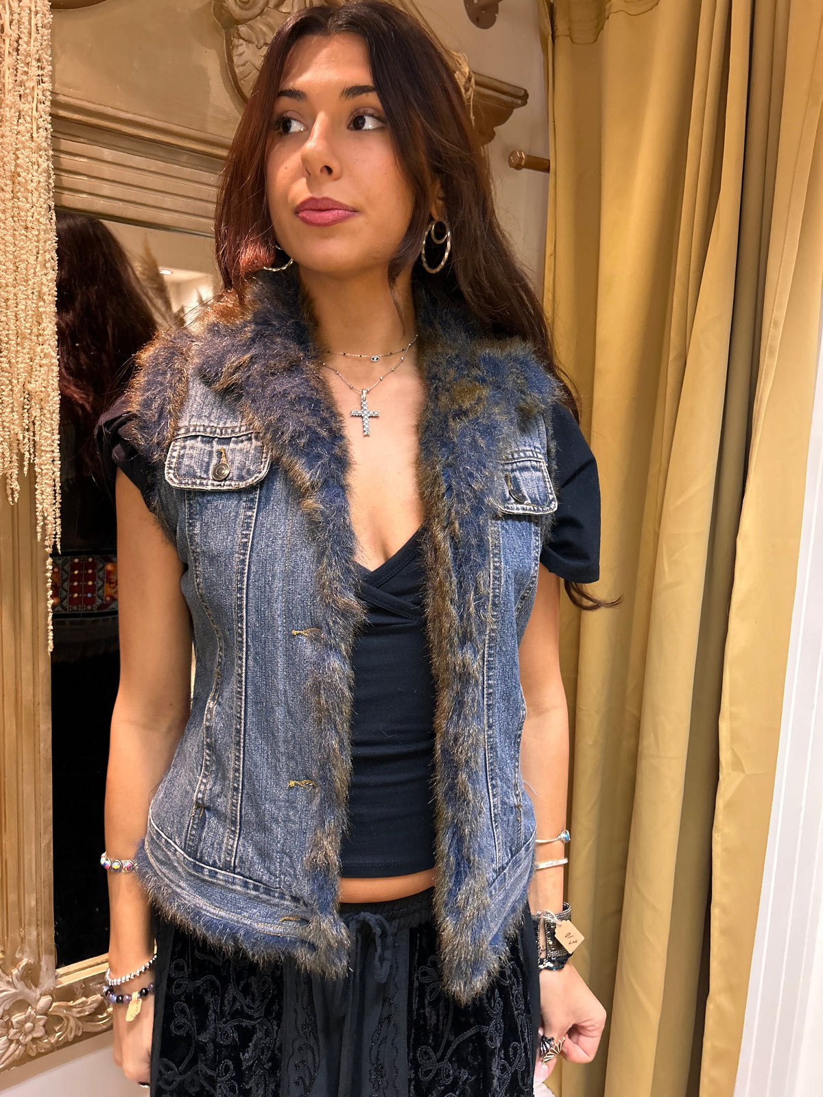 Reworked Denim Waistcoat – Fur Trim, Silver Tassel & Embroidered Back one size 8-12