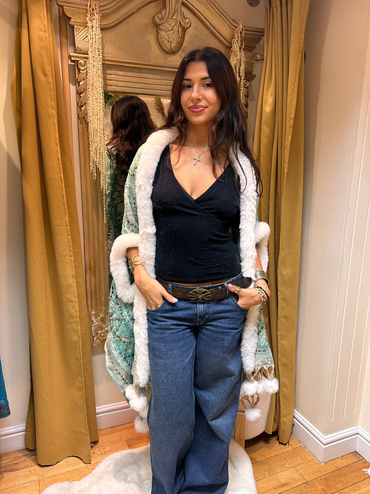 Mint Paisley Pashmina Wrap with Faux Fur Trim & Pom-Pom Fringe
