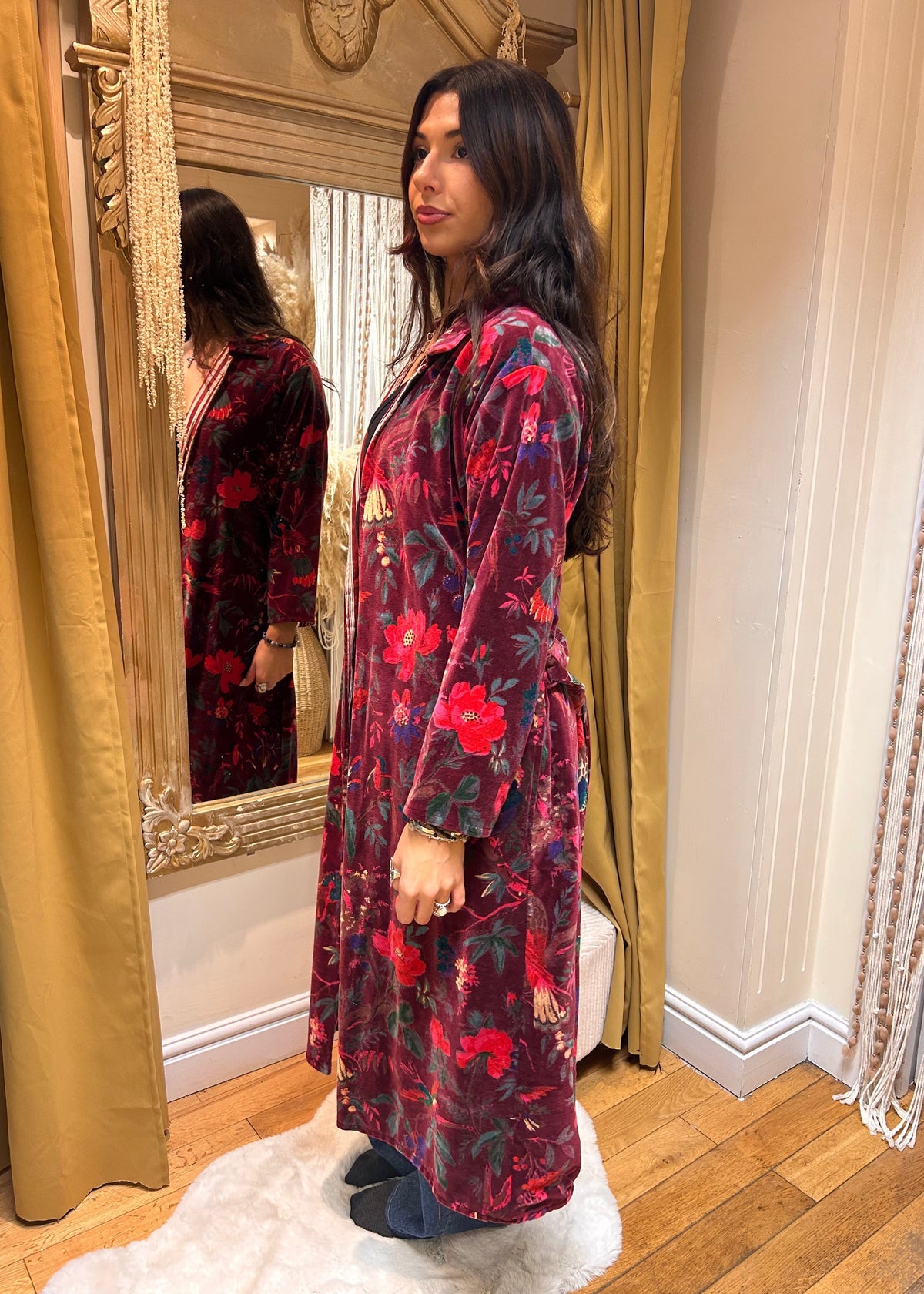 Floral Velvet Long Jacket – Dark Red & Multi one size 8-12
