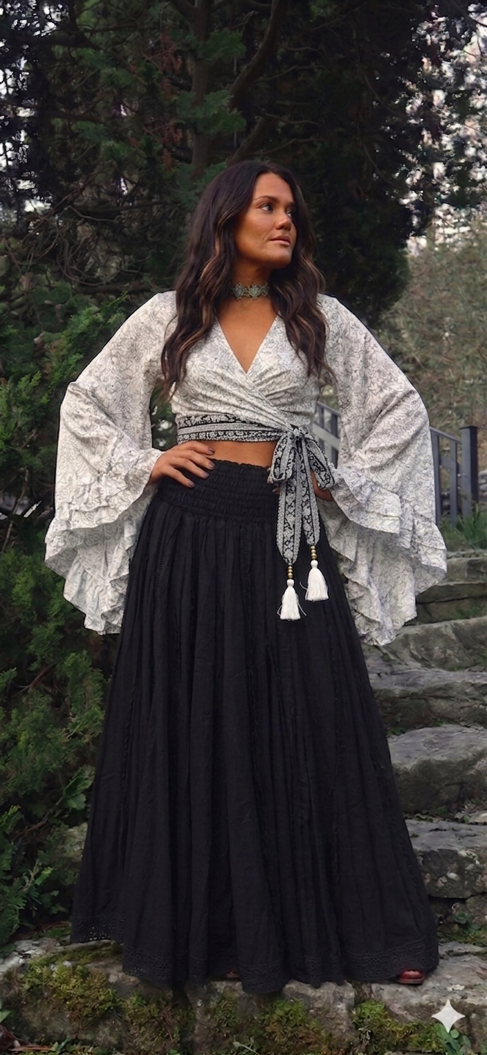 Bell Sleeve Butterfly Top – White & Black Print