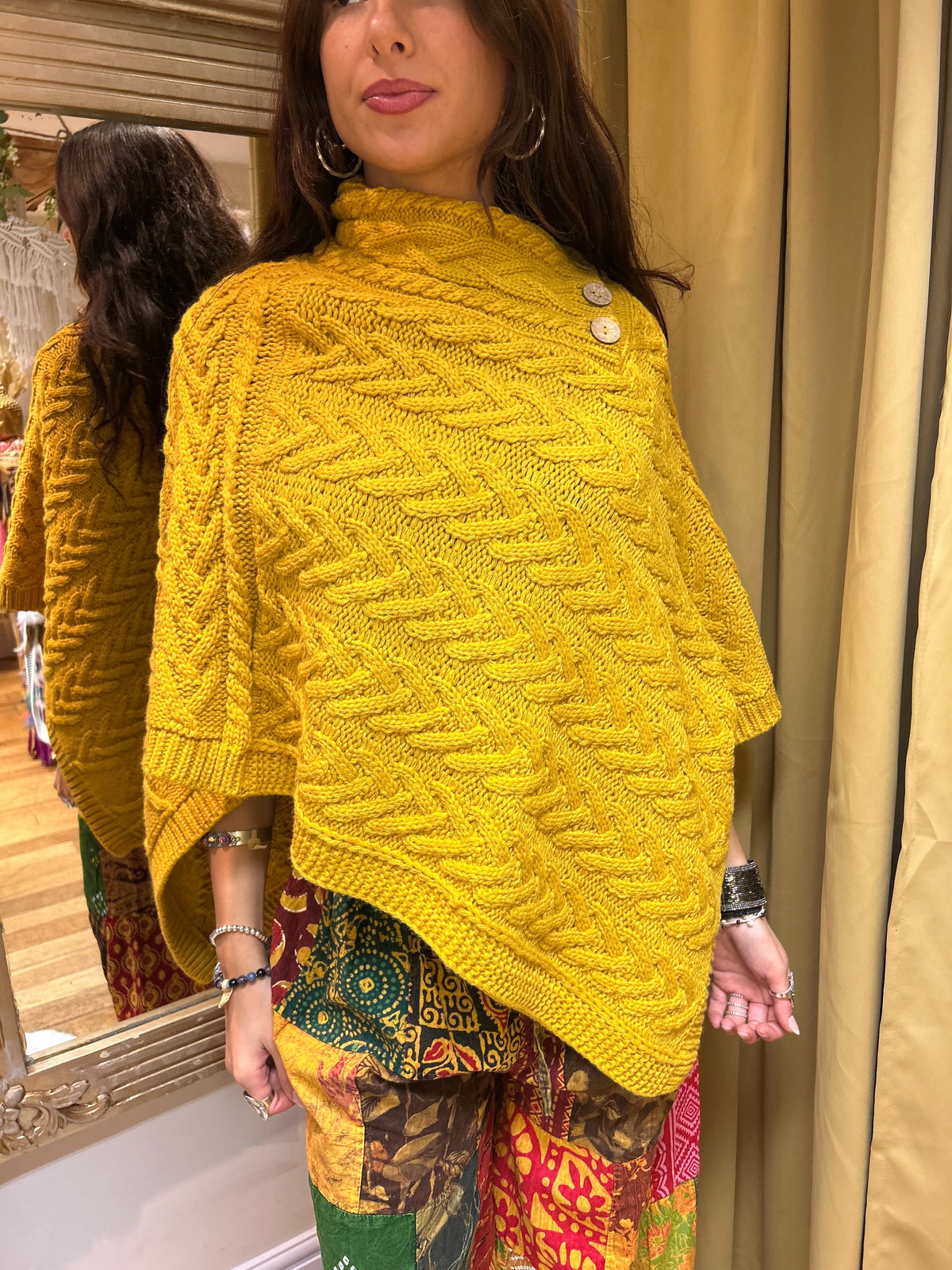 Cable Knit Button Neck Poncho – Mustard one size 8-16
