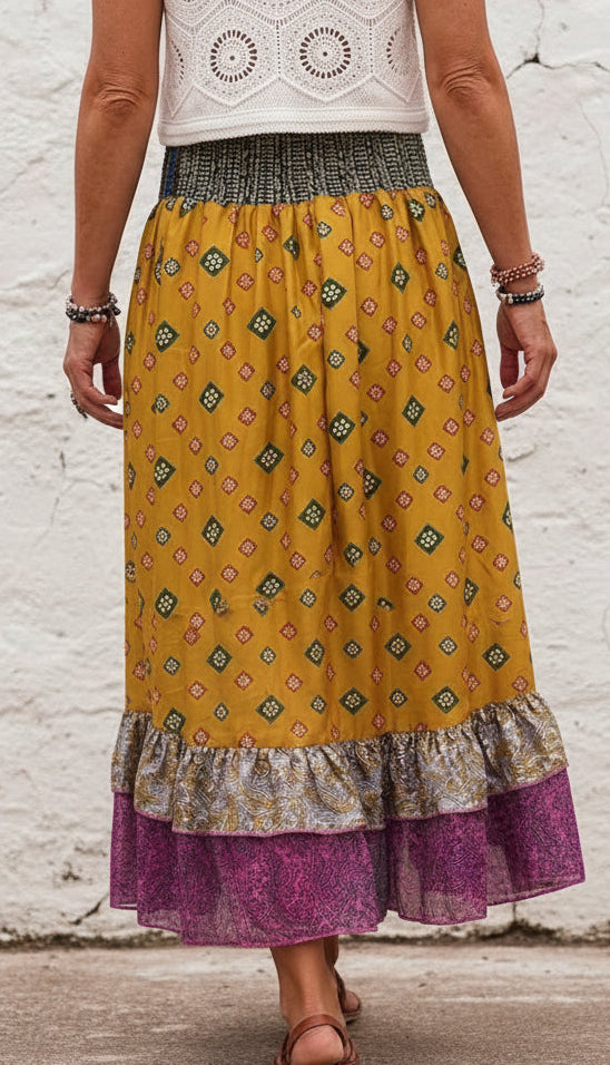 Aura Patchwork Recycled Sari Silk Skirt One Size 8-10