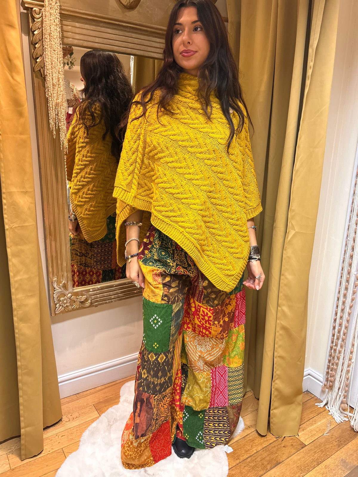 Cable Knit Button Neck Poncho – Mustard one size 8-16