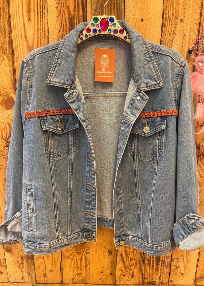 Customised Denim Jacket – Aztec Face & Faux Suede Tassel Detail size 18