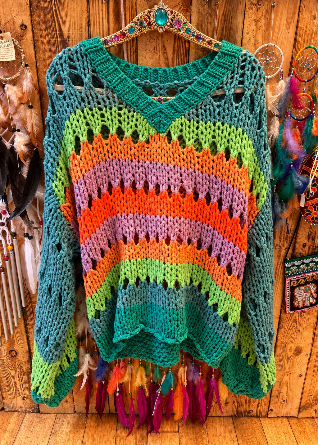 Colourful Chunky Open Knit Jumper – One Size 10–14
