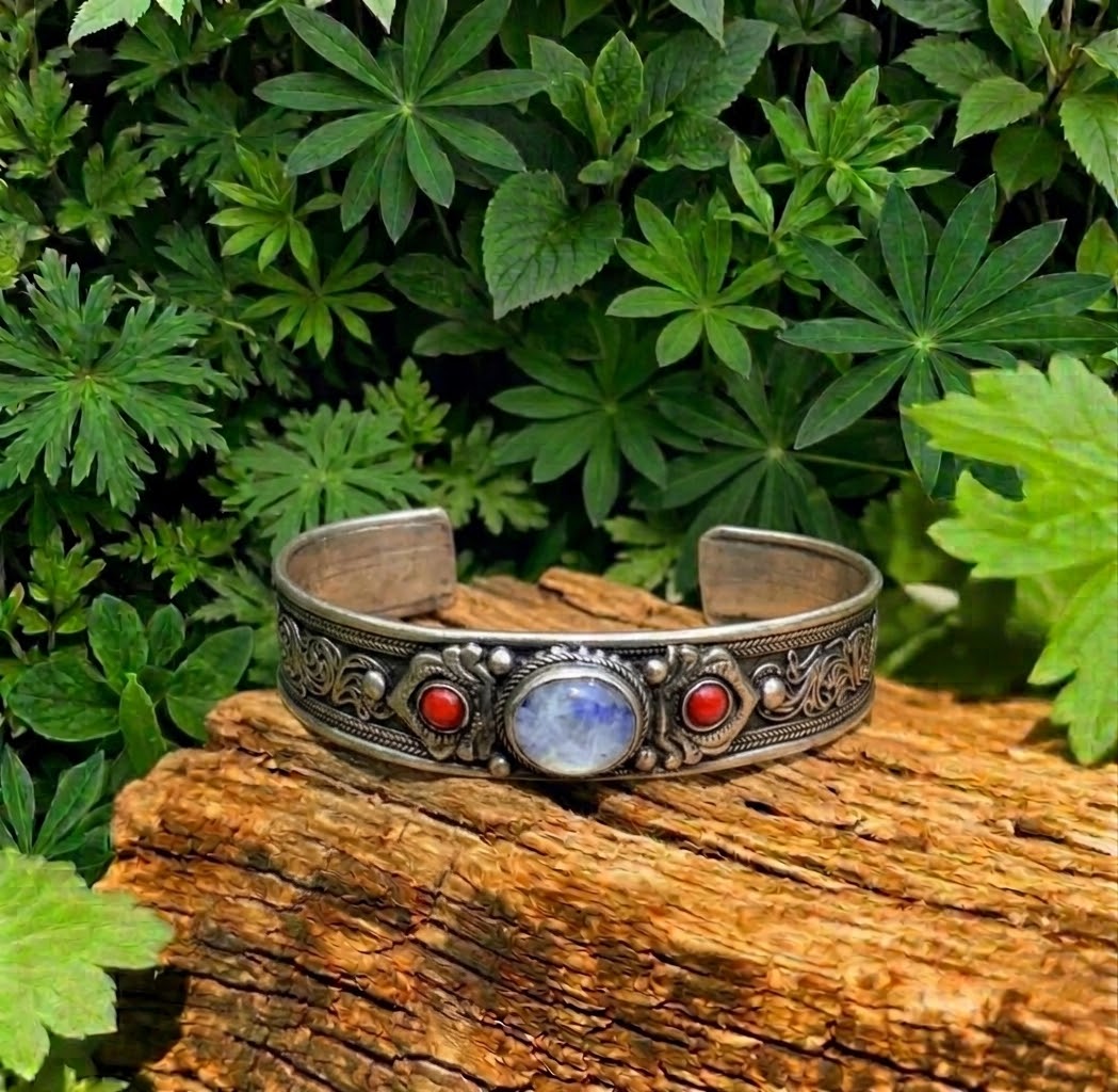 Tibetan silver moonstone & coral cuff
