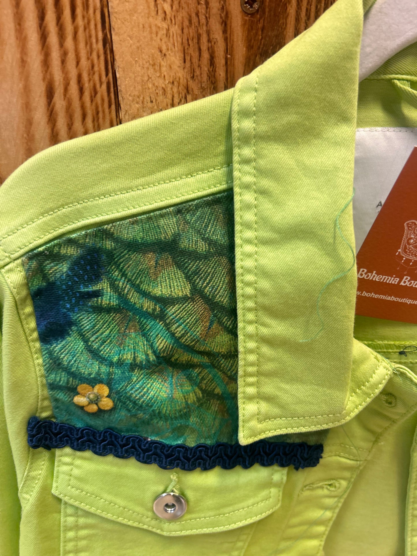 Customised Denim Jacket – Peacock  size 12