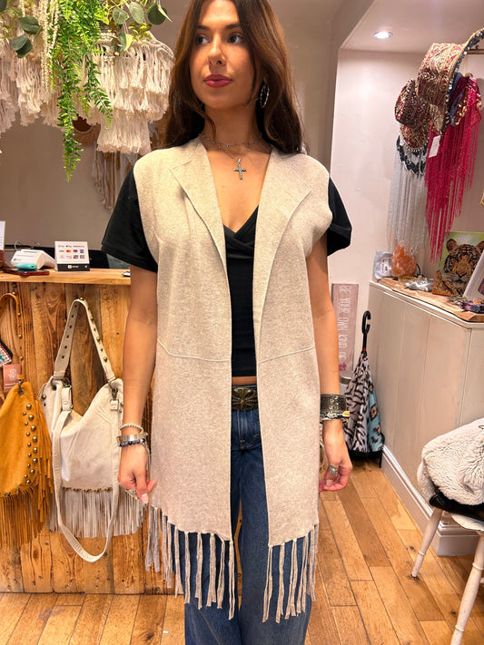 Fine Knit Fringe Tassel Sleeveless Cardi one size 8-12