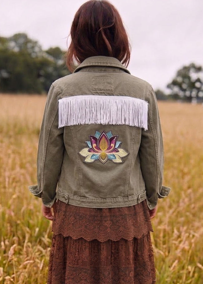 Customised Khaki Jacket – Lotus blossom motif size 10