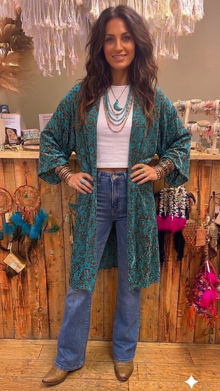 Nirvana Recycled Sari Silk Kimono – Turquoise & Brown Floral Print