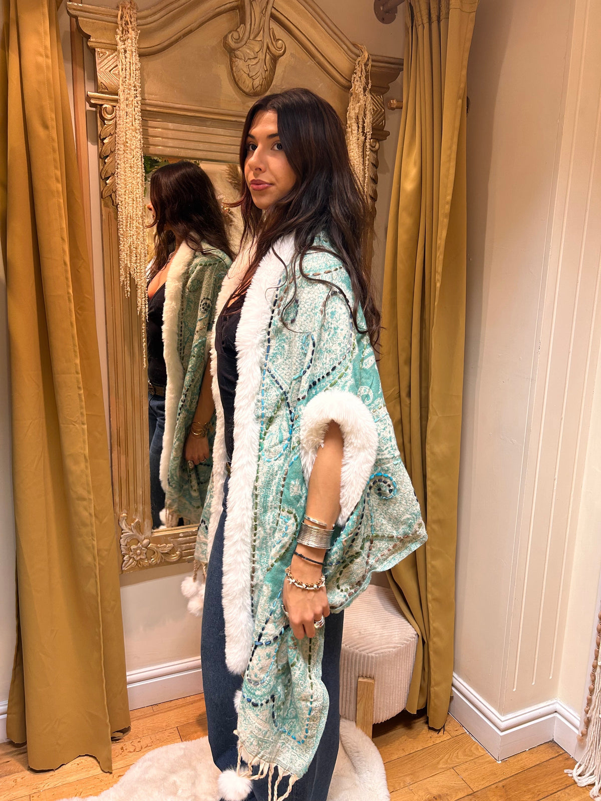 Mint Paisley Pashmina Wrap with Faux Fur Trim & Pom-Pom Fringe