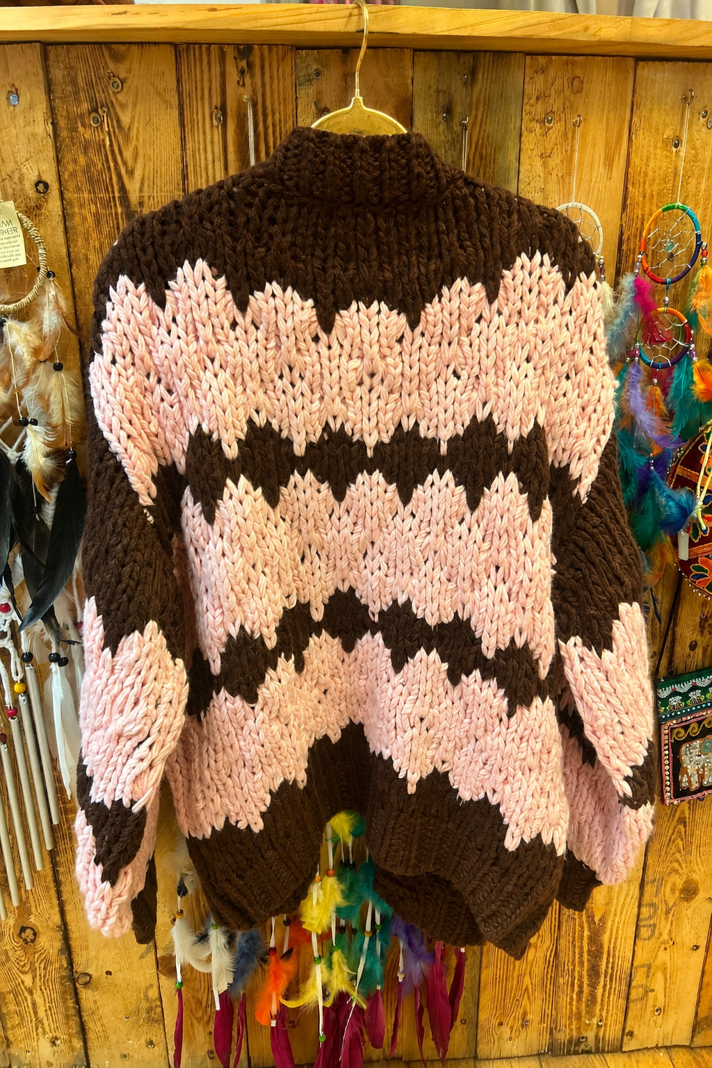 Handknitted Pink & Brown Chunky Knit Cardigan one size 10-14