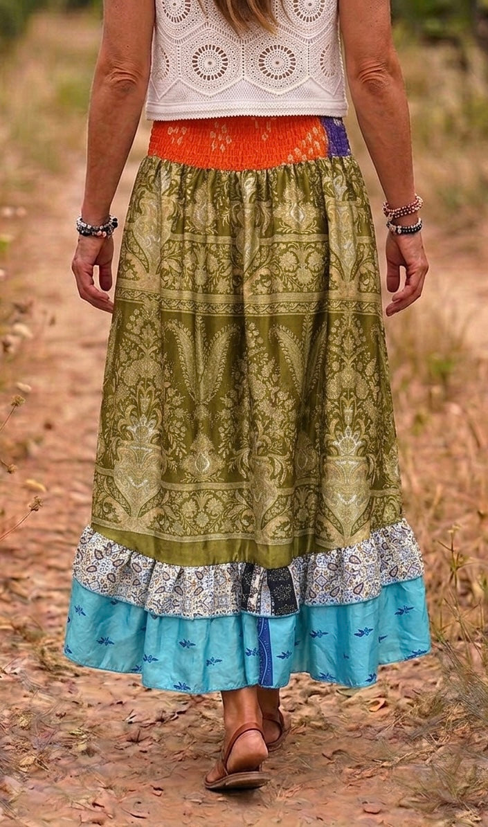 Aura Patchwork Recycled Sari Silk High Low Skirt – One Size 8-10