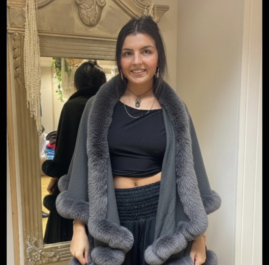 Luxe Slate Grey Faux Fur Trim Knitted Cape - one size 8-16
