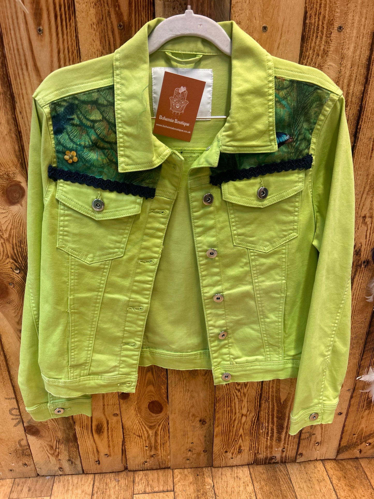 Customised Denim Jacket – Peacock  size 12