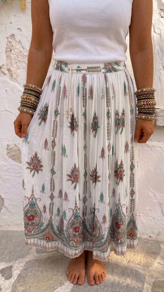 Shakti White Hand Embellished Boho Maxi Skirt