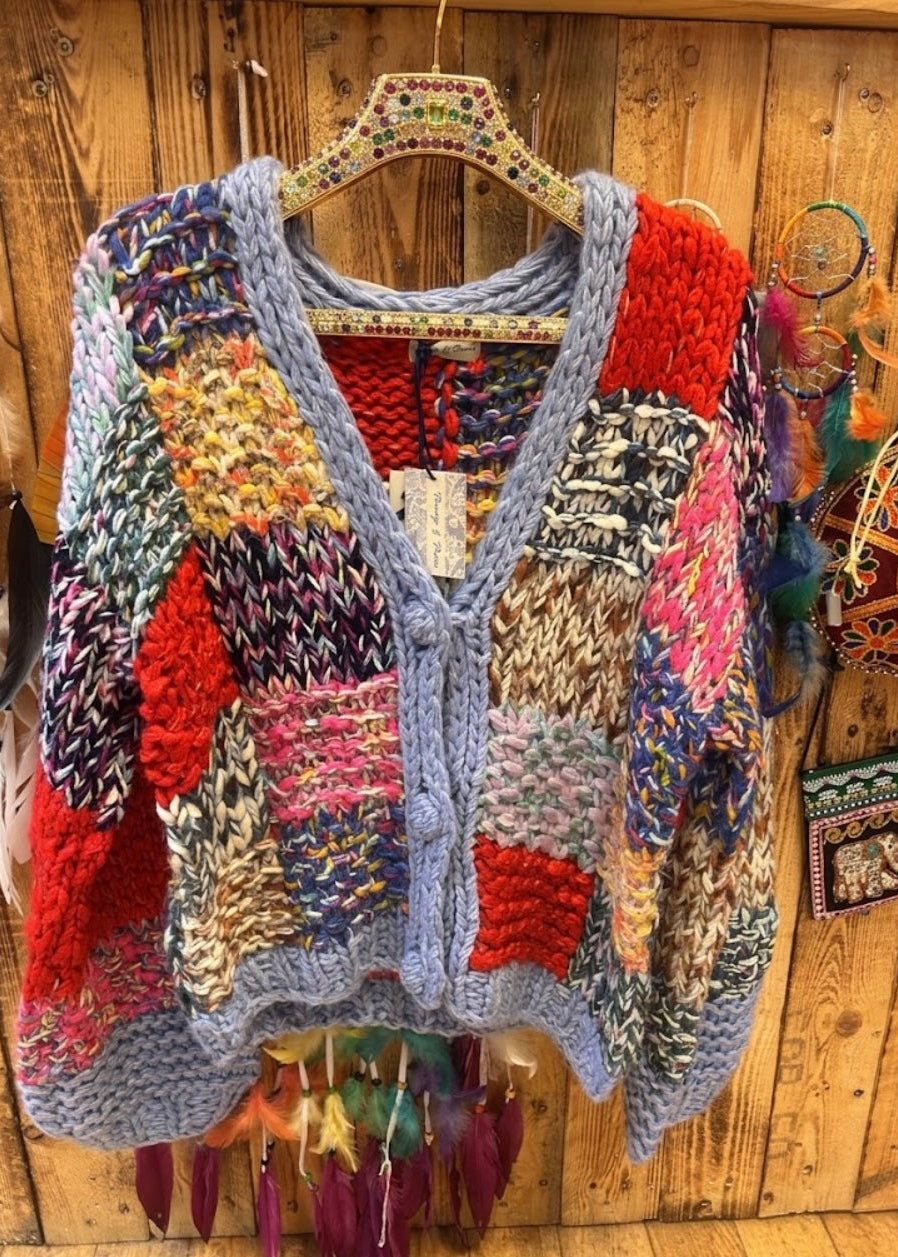 Colourful Patchwork Chunky Knit Cardi – One Size 10–14