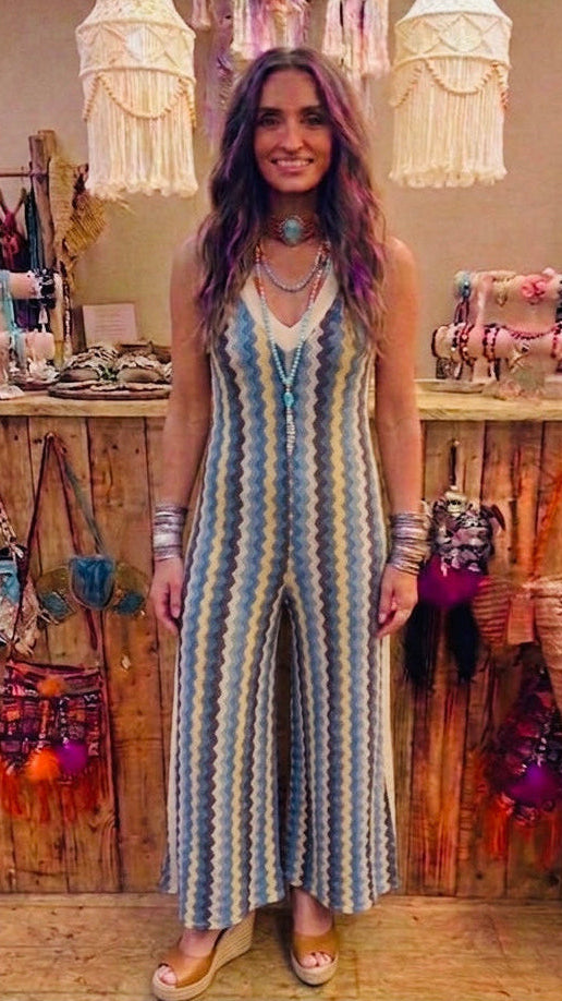 Blue Chevron Stripe Knitted Jumpsuit
