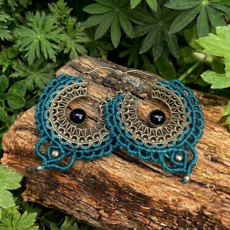 Teal Macrame, brass & Black Onyx Earrings
