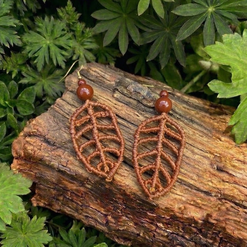 Burnt Orange Distressed Macrame Leaf Earrings