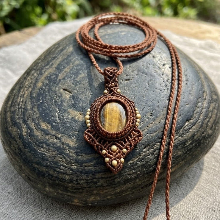 Brown Macramé Tiger's Eye Necklace | Pendant or Choker