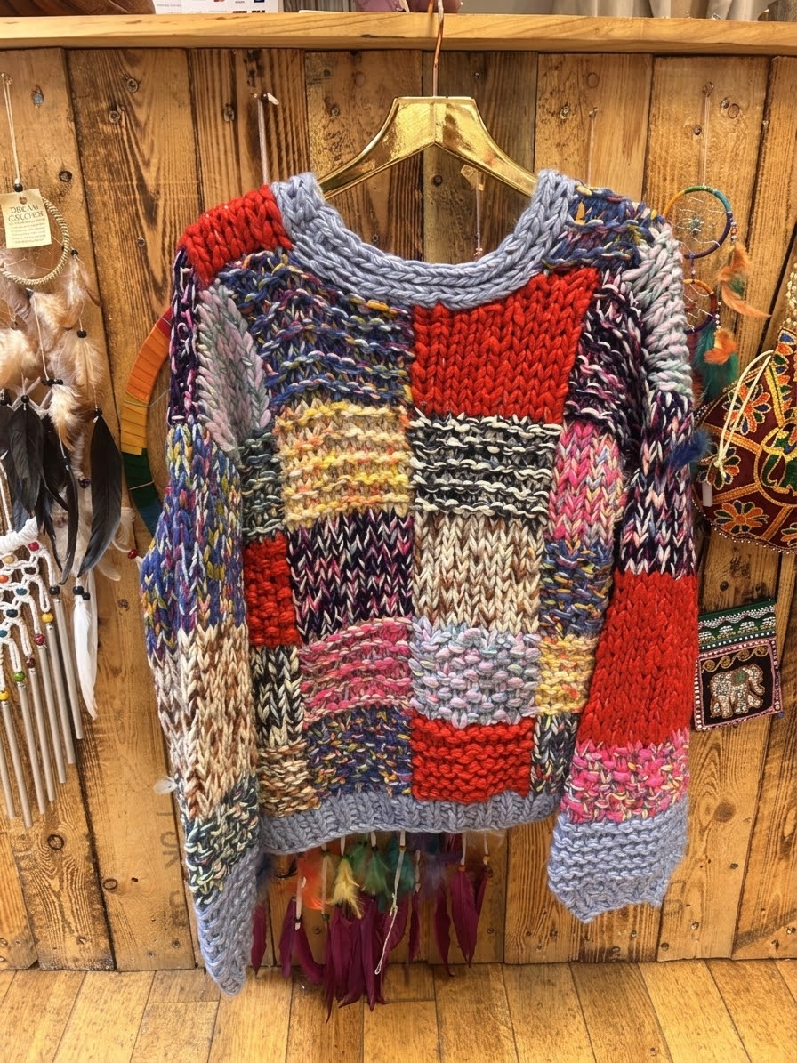 Colourful Patchwork Chunky Knit Cardi – One Size 10–14