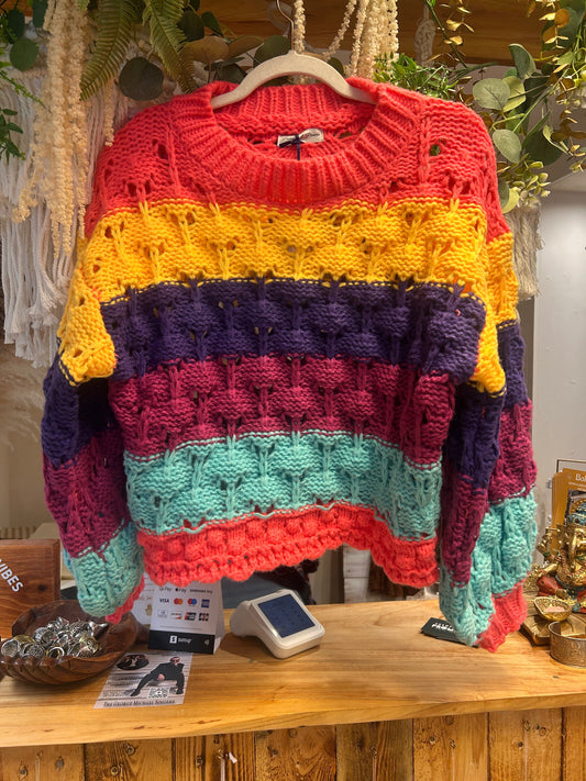 Rainbow Stripe Chunky Knit Jumper One Size UK 8–12