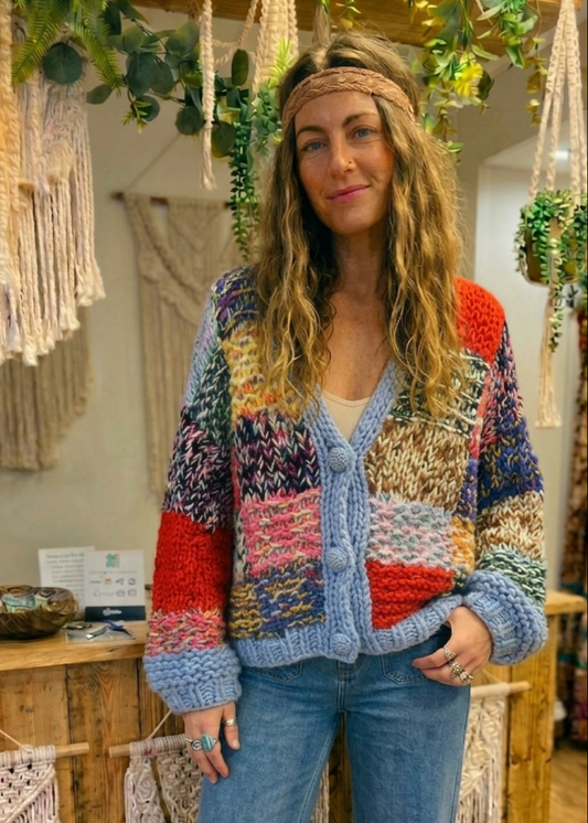 Handknitted Colourful Patchwork Oversized chunky Knit Cardi – One Size 12-16