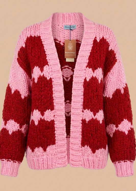 Handknitted Pink & Red Chunky Knit Cardigan one size 10-14