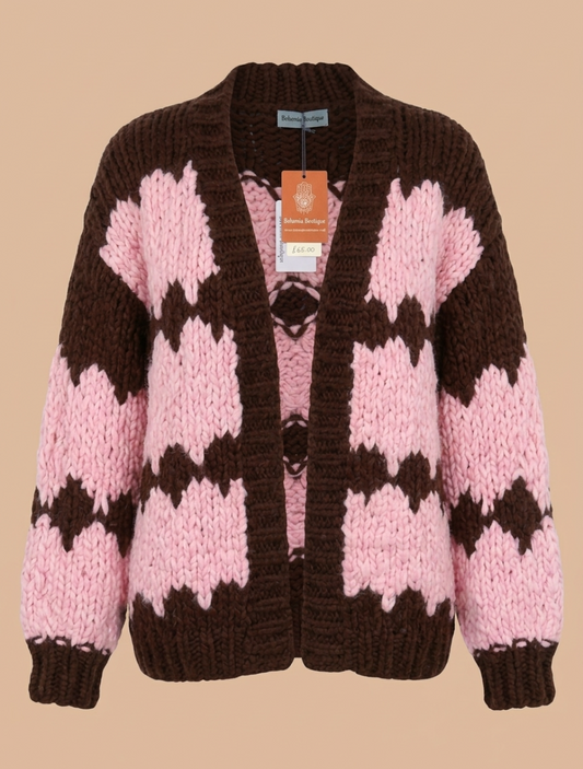 Handknitted Pink & Brown Chunky Knit Cardigan one size 10-14