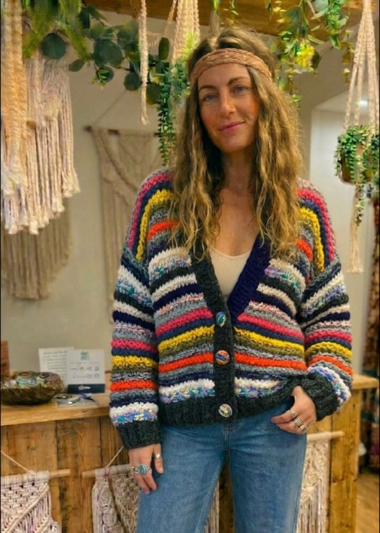 Handknitted Colourful Striped Chunky Knit Cardi – One Size 12-16