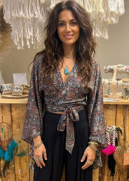Bell Sleeve Butterfly Top – Dark Multi Paisley Print
