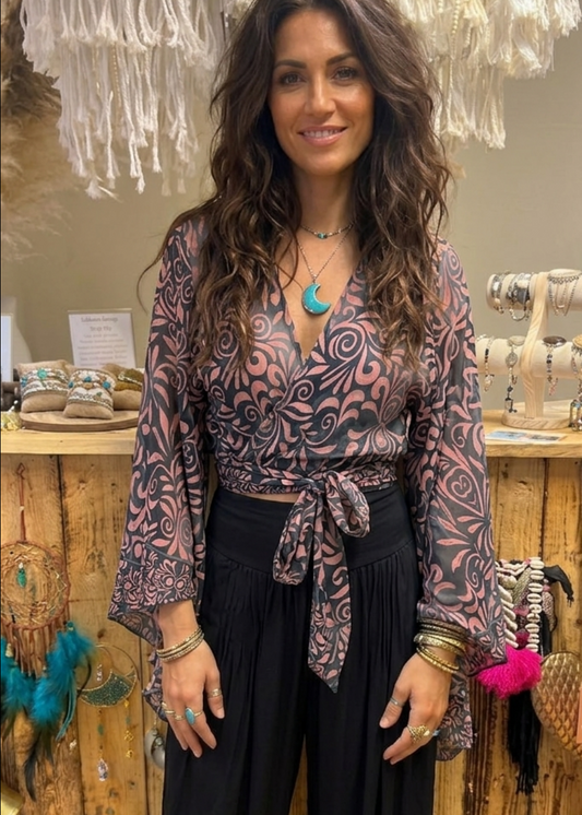 Bell Sleeve Butterfly Top – Grey & Pink Swirl Print