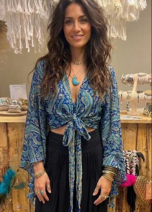Bell Sleeve Butterfly Top – Blue Paisley Print