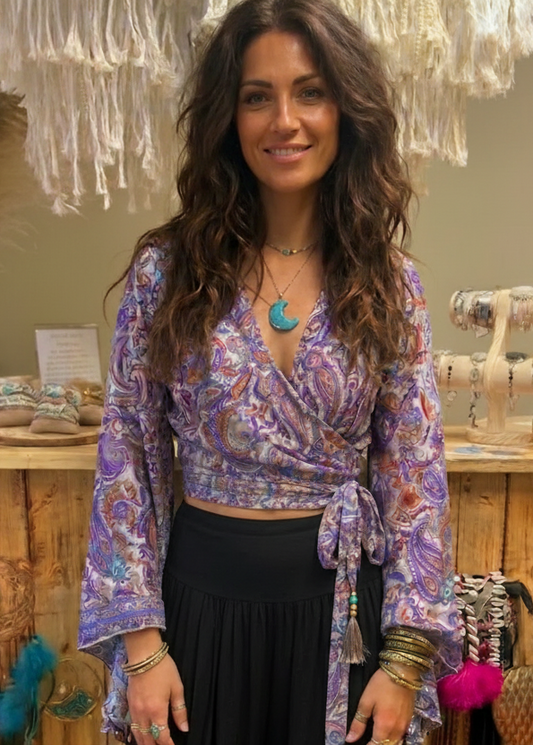 Bell Sleeve Butterfly Top – Purple Paisley Print