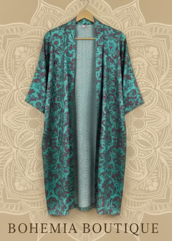 Nirvana Recycled Sari Silk Kimono – Turquoise & Brown Floral Print