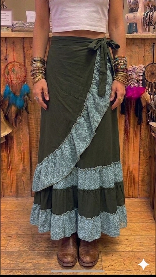 Green Cotton Wrap Maxi Skirt with Mint Lace Trim
