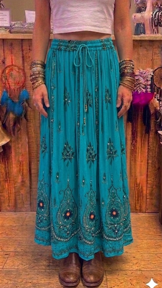 Turquoise Hand Embellished Sequin & Beaded Maxi Skirt
