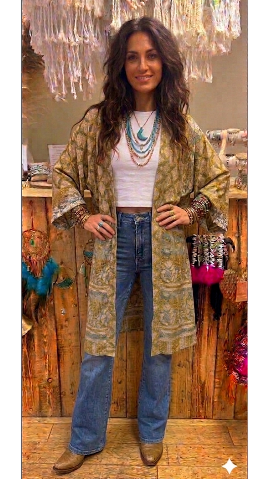 Gaia Recycled Sari Silk Kimono – Ochre & Sage Floral Print