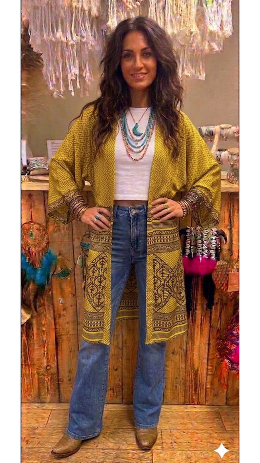 Soul Recycled Sari Silk Kimono – Mustard & Brown Aztec Print