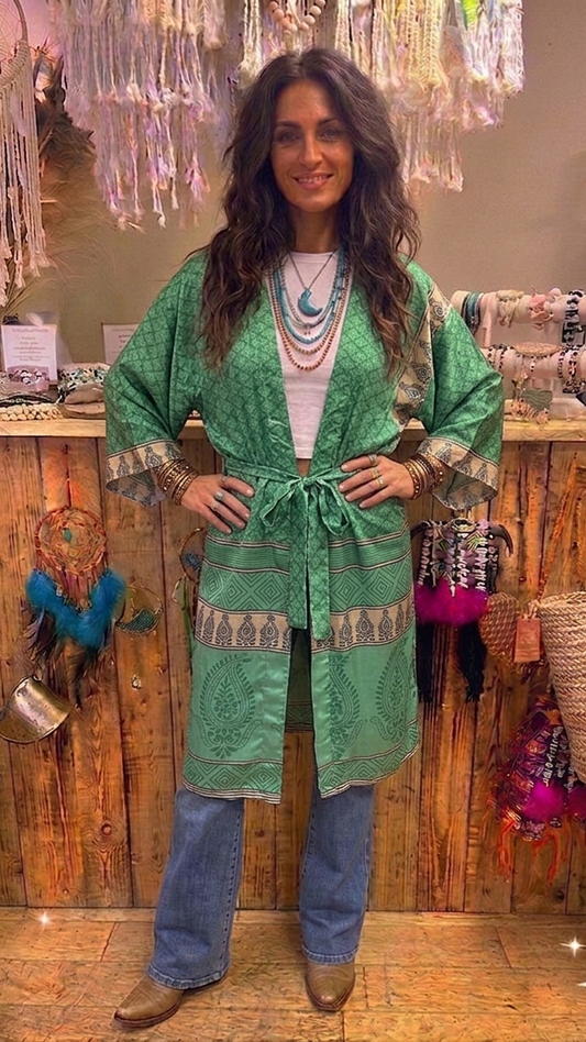 Kimono – Recycled Sari Silk – Emerald Green Paisley Print
