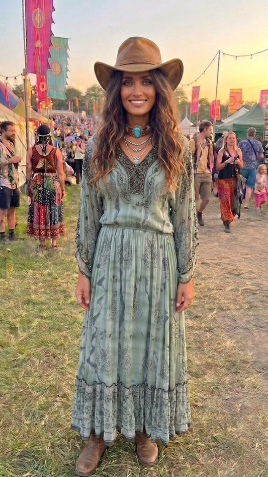 Goddess Sage Sheer Silk Embroidered Maxi Dress