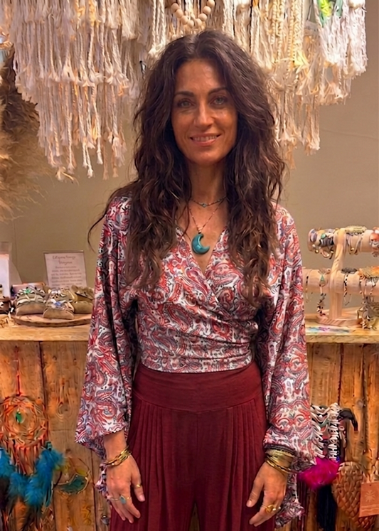 Bell Sleeve Butterfly Top – Red & White Paisley Print