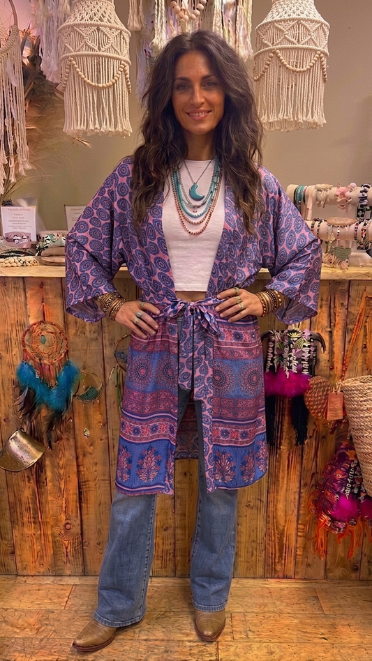 Kimono – Recycled Sari Silk – Pink & Purple Paisley Print