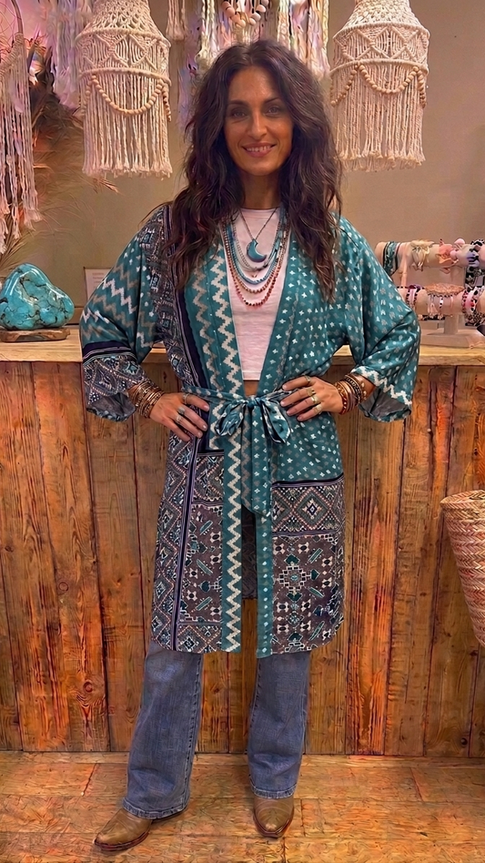 Kimono – Recycled Sari Silk – Teal, Grey, White & Navy Aztec Print