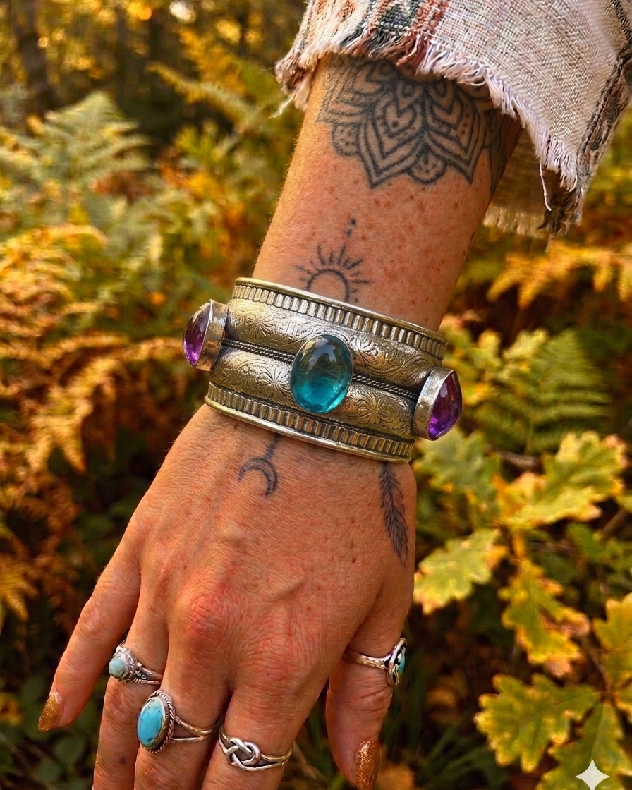 Aquamarine Triple Stone real Silver adjustable Cuff Bangle