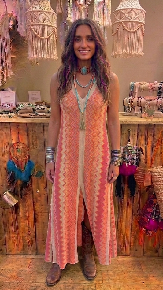 Coral Pink Chevron Stripe Knitted Maxi Dress