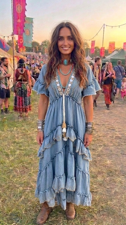Boho Denim Tiered Maxi Dress